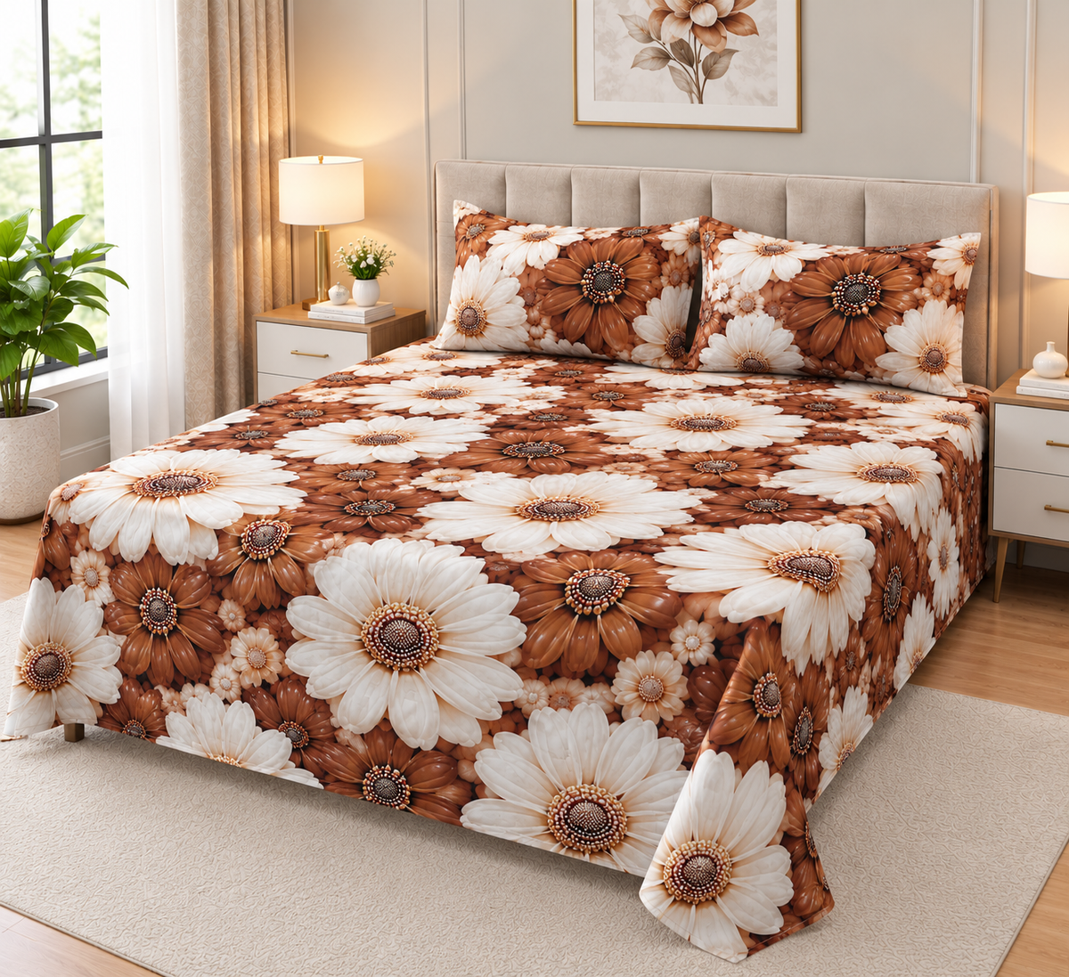 9D Digital Printed Bedsheet | Micro Cotton Floral Brown & White