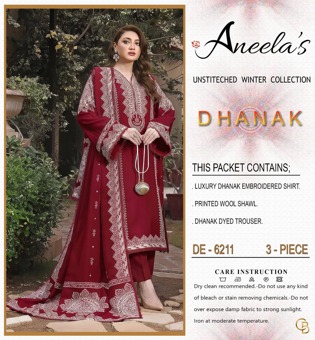 Aneela’s Luxury Dhanak Embroidered 3-Piece Winter Suit | Wool Shawl & Dyed Trouser