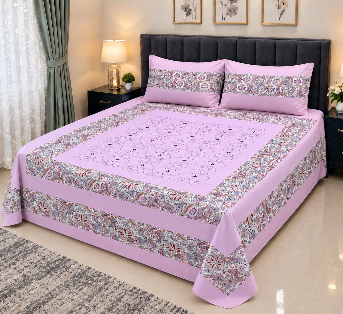 Embroidered Patch Work King Size Bedsheet | Premium Cotton