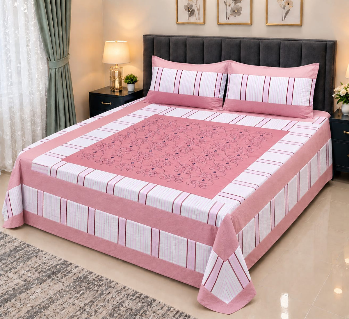 Embroidered Patch Work King Size Bedsheet | Premium Cotton