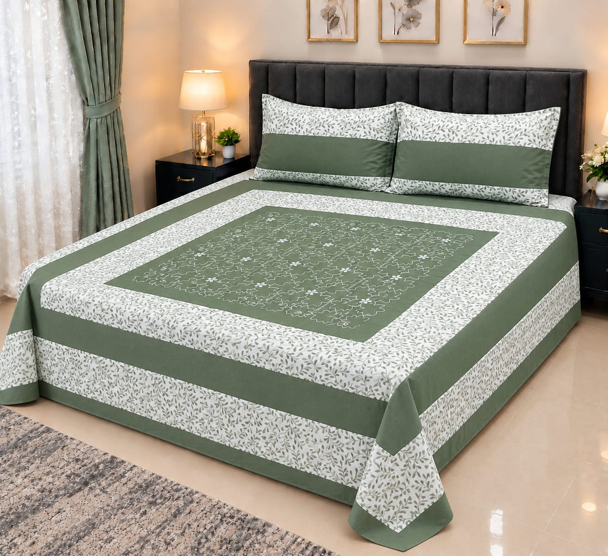 Embroidered Patch Work King Size Bedsheet | Premium Cotton