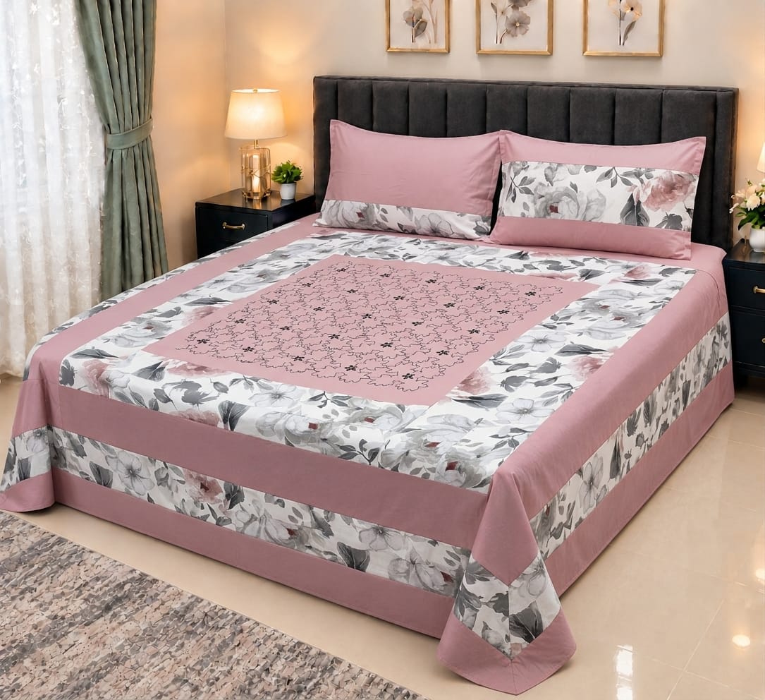 Embroidered Patch Work King Size Bedsheet | Premium Cotton