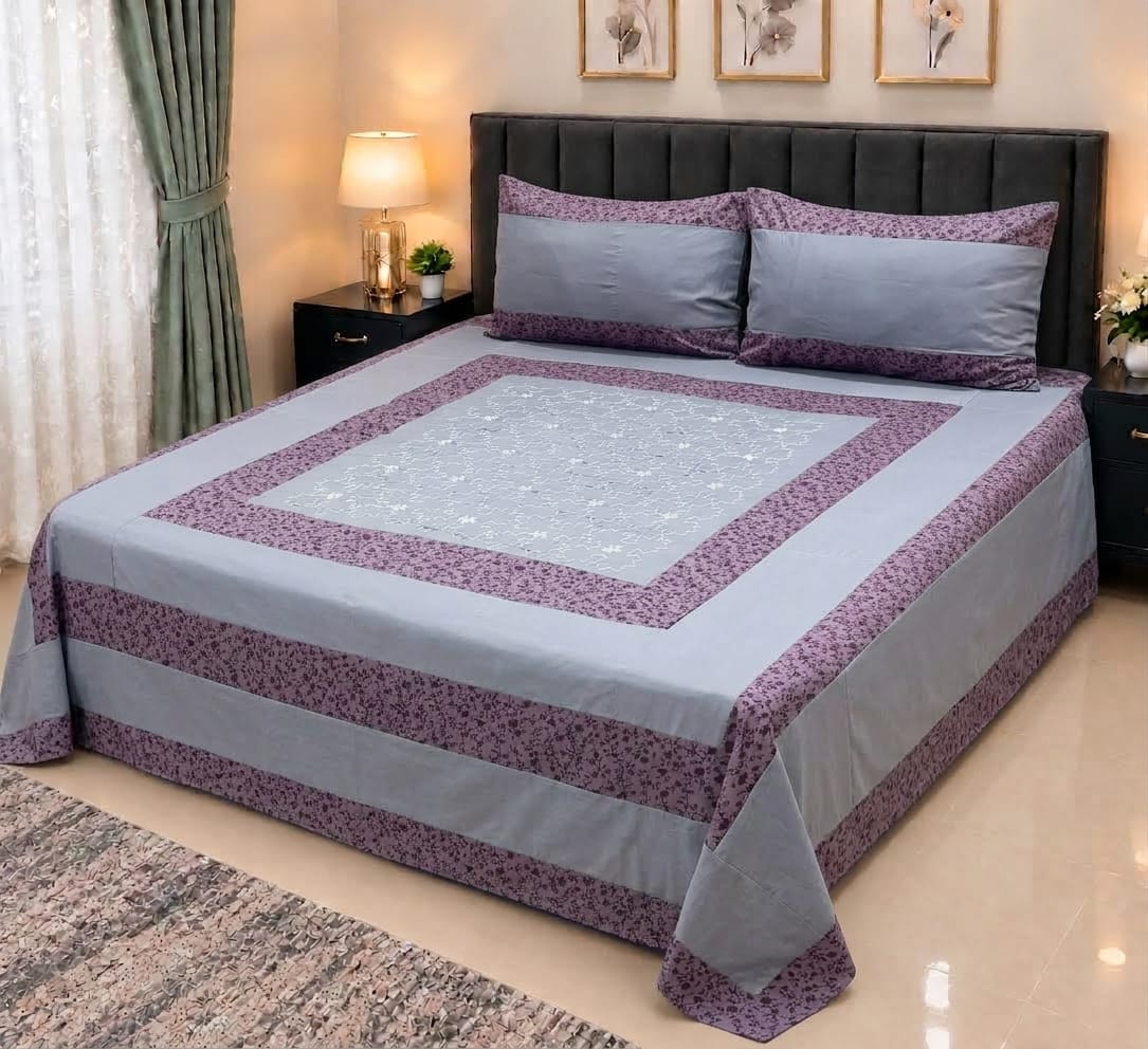 Embroidered Patch Work King Size Bedsheet | Premium Cotton