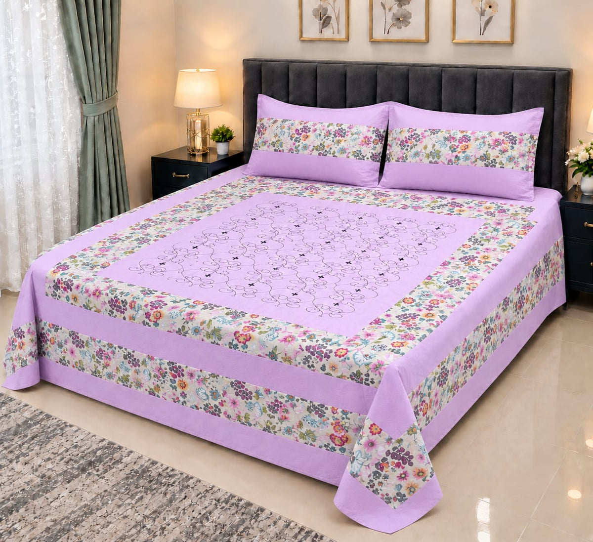 Embroidered Patch Work King Size Bedsheet | Premium Cotton