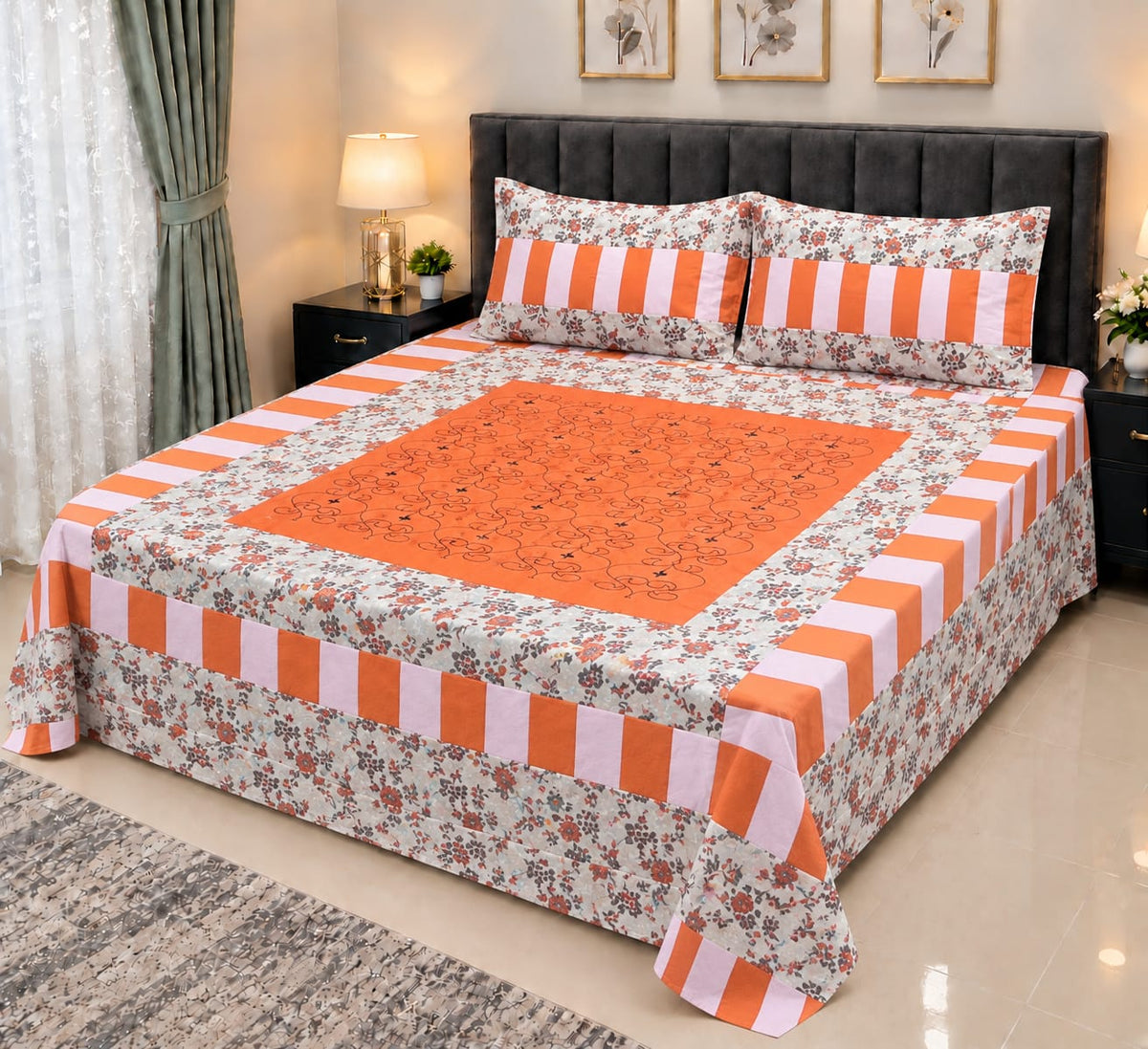 Embroidered Patch Work King Size Bedsheet | Premium Cotton