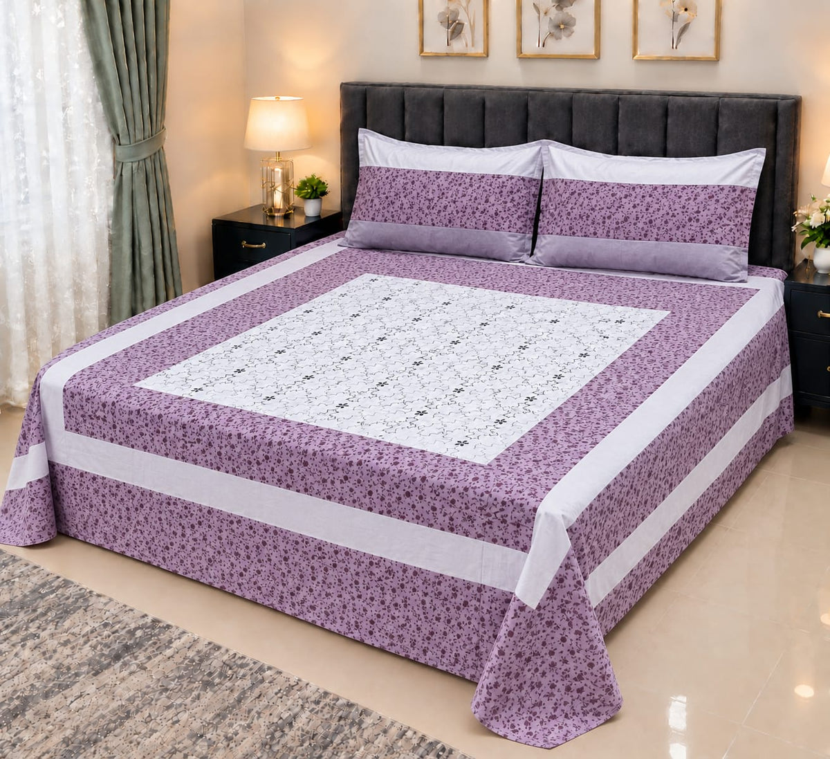 Embroidered Patch Work King Size Bedsheet | Premium Cotton