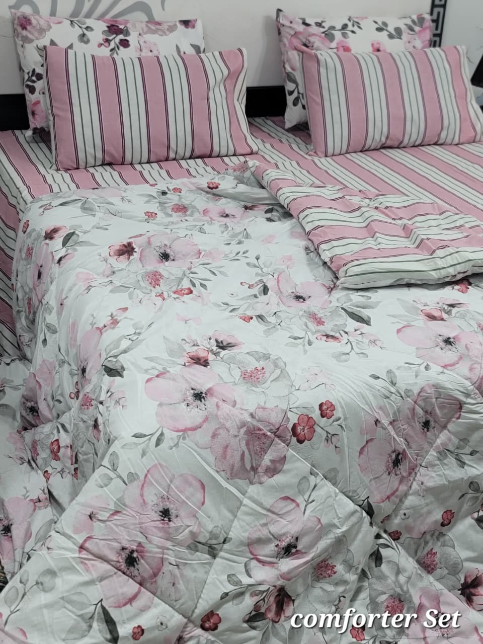 6 Piece Cotton Comforter Set King Size | 100% Pure Cotton Quilted Bedspread with Bedsheet & 4 Pillow Covers | Soft Floral Bedding Set