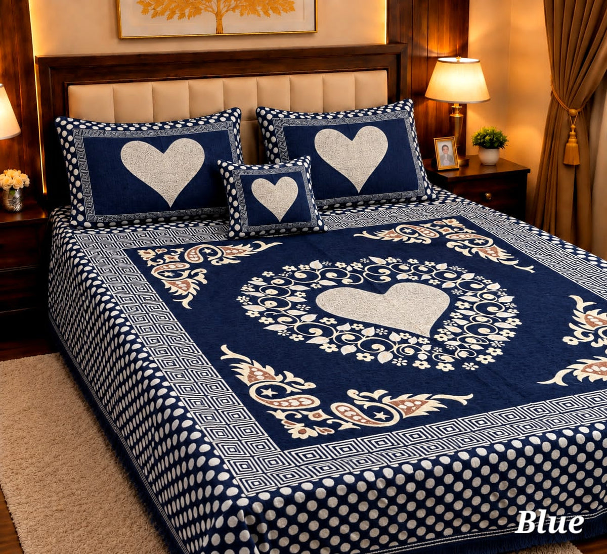 4 Pc Velvet Jacquard Bedsheet King Size | Luxury Printed Bed Sheet Set with 2 Pillow Covers & Cushion Cover | Navy Blue