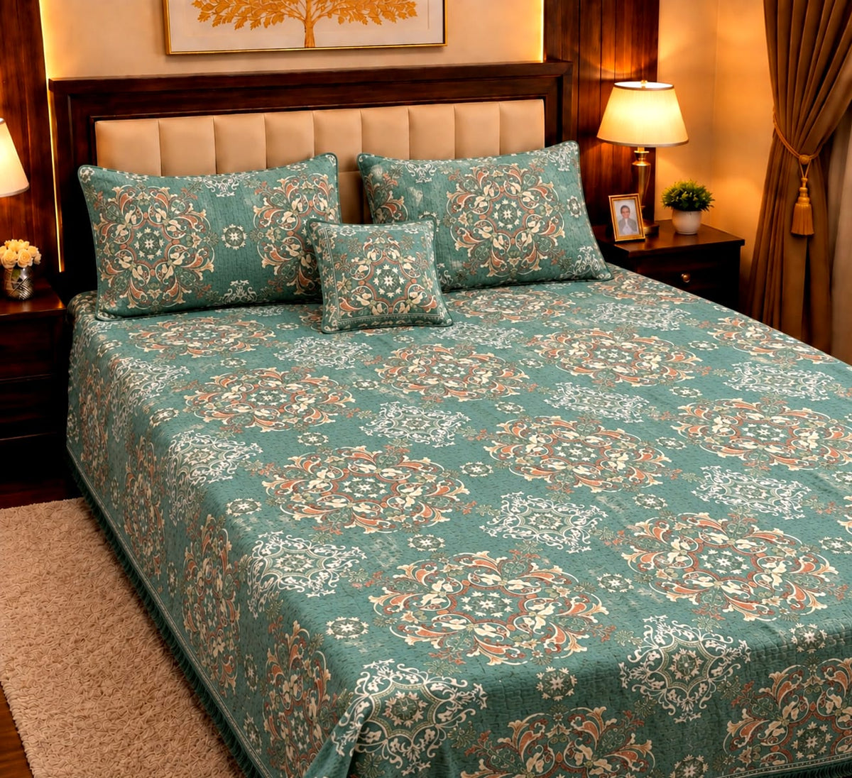 4 Pc Velvet Jacquard Bedsheet King Size | Luxury Printed Bed Sheet Set with 2 Pillow Covers & Cushion Cover | Teal & Brown