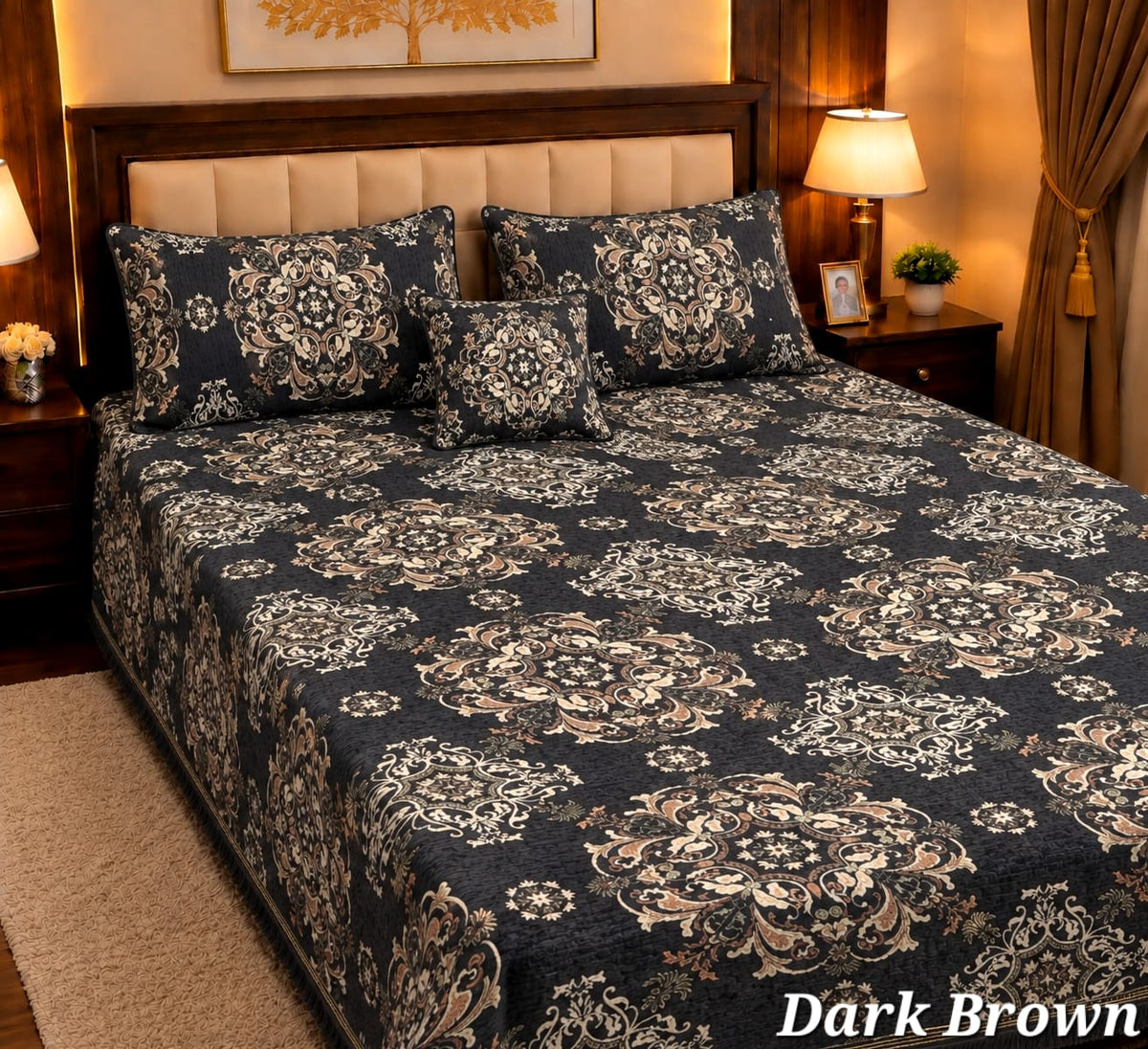 4 Pc Velvet Jacquard Bedsheet King Size | Luxury Printed Bed Sheet Set with 2 Pillow Covers & Cushion Cover | Dark Brown
