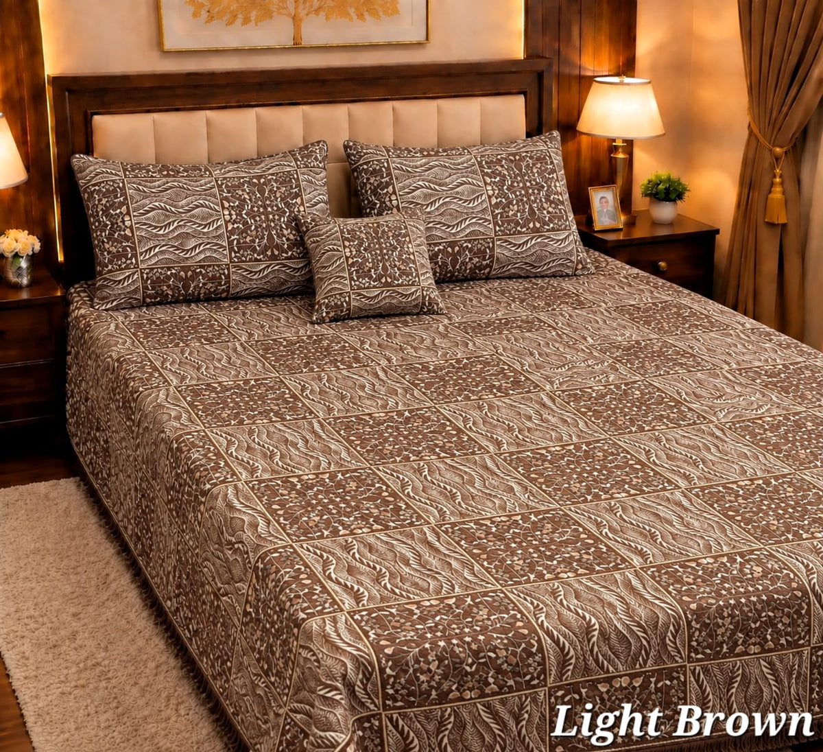 4 Pc Velvet Jacquard Bedsheet King Size | Luxury Printed Bed Sheet Set with 2 Pillow Covers & Cushion Cover | Brown
