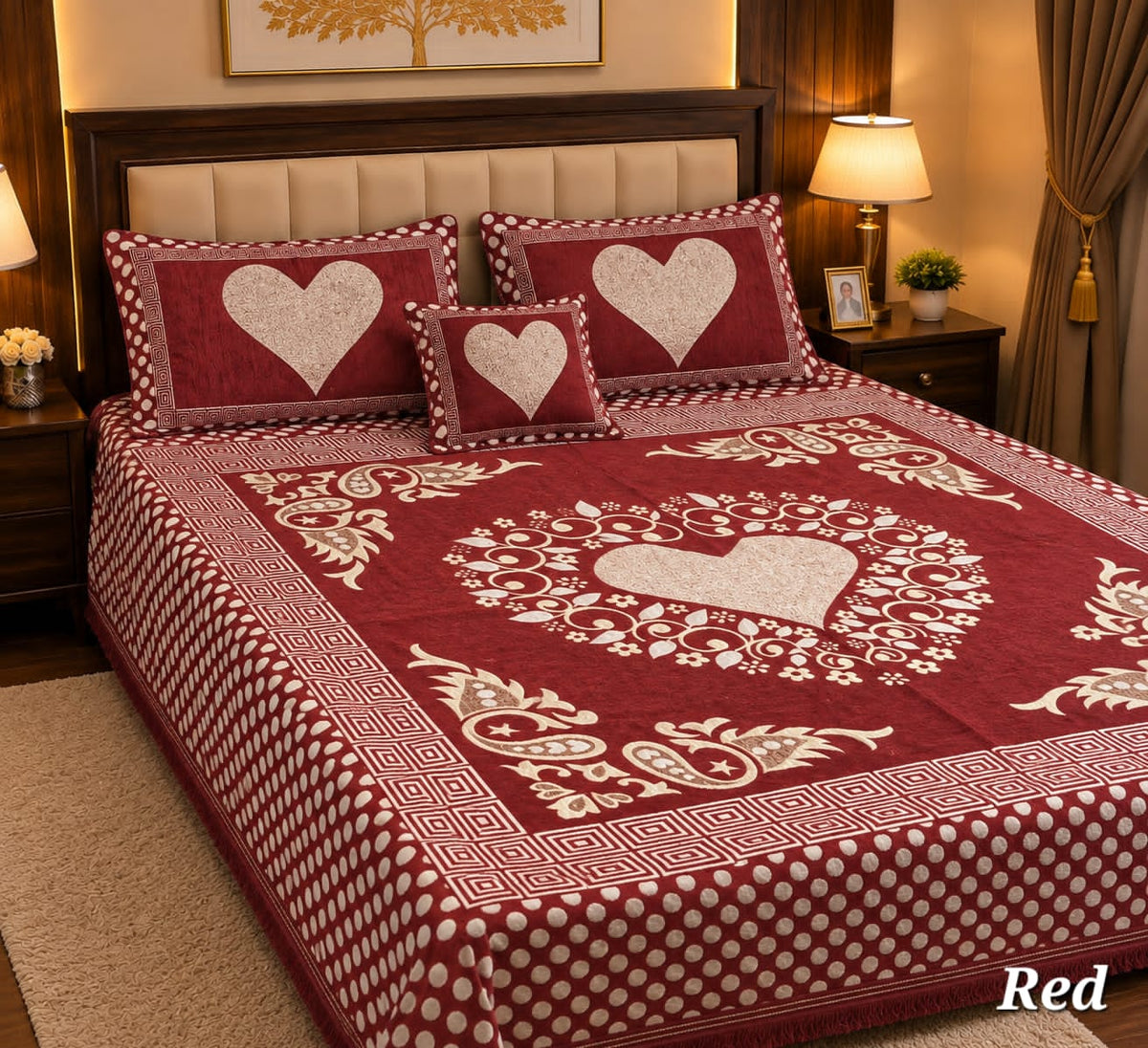 4 Pc Velvet Jacquard Bedsheet King Size | Luxury Printed Bed Sheet Set with 2 Pillow Covers & Cushion Cover | Red
