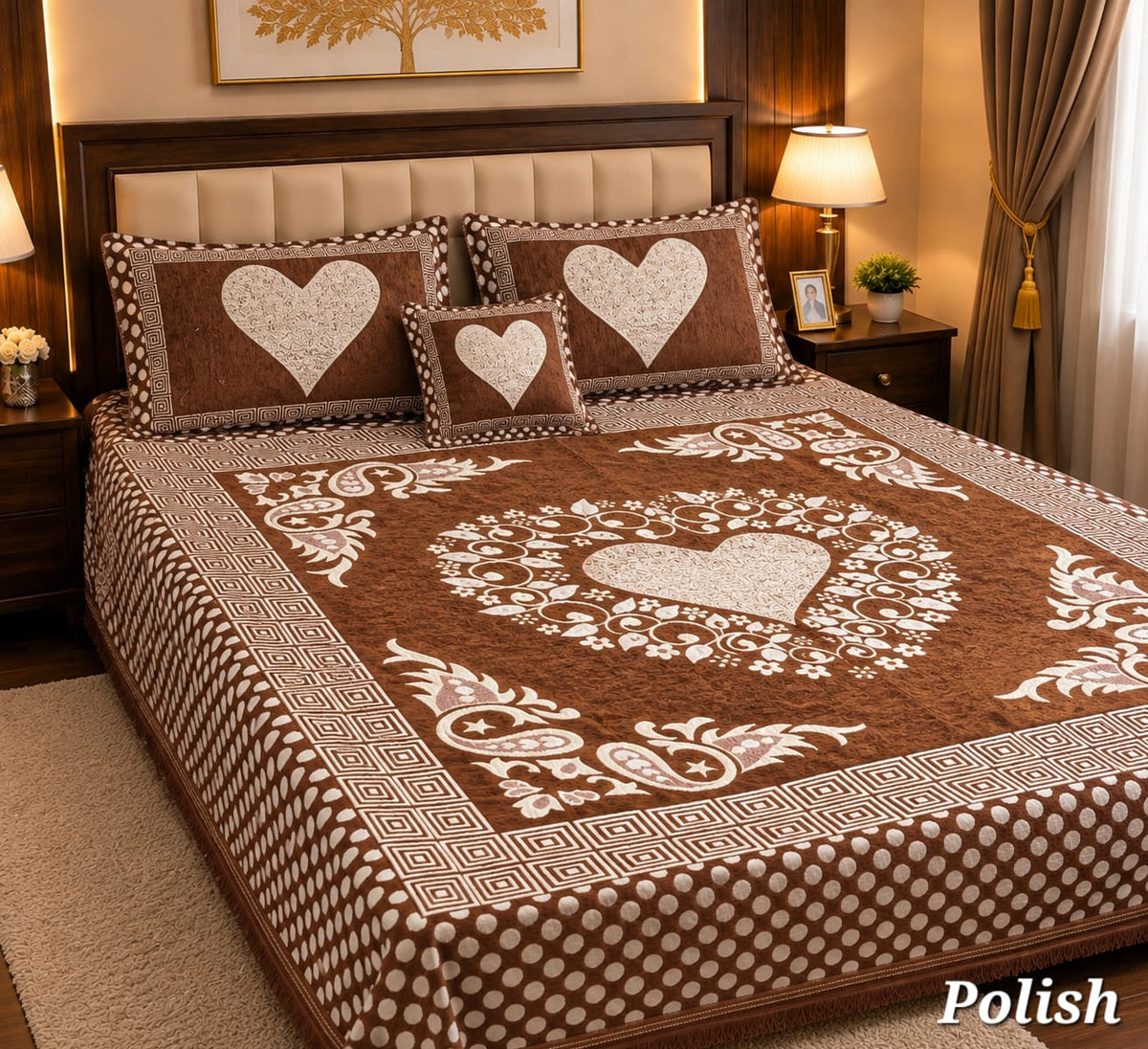 4 Pc Velvet Jacquard Bedsheet King Size | Luxury Printed Bed Sheet Set with 2 Pillow Covers & Cushion Cover | Polish
