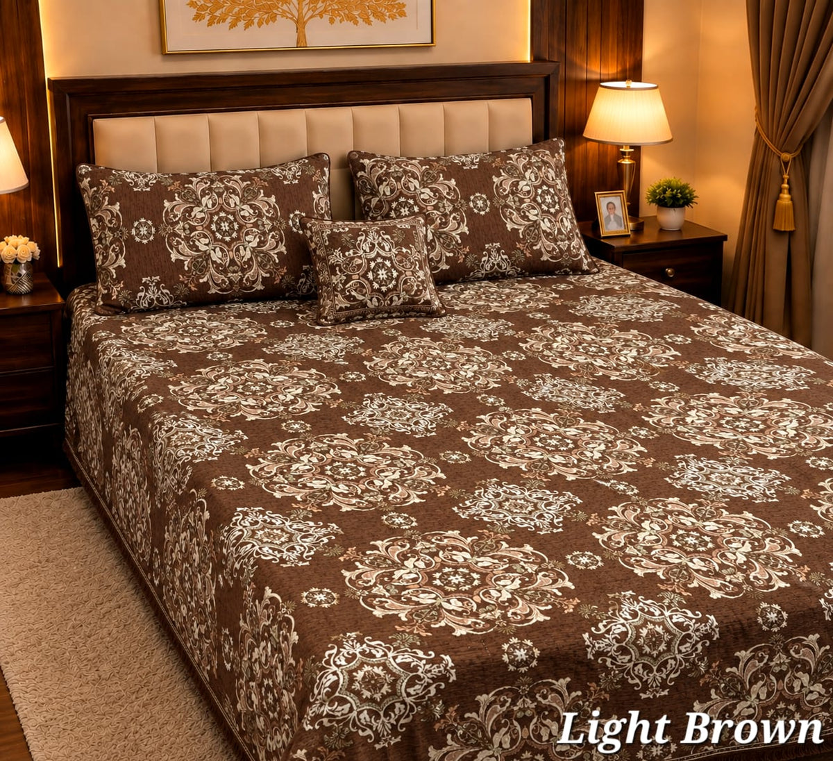 4 Pc Velvet Jacquard Bedsheet King Size | Luxury Printed Bed Sheet Set with 2 Pillow Covers & Cushion Cover | Light Brown