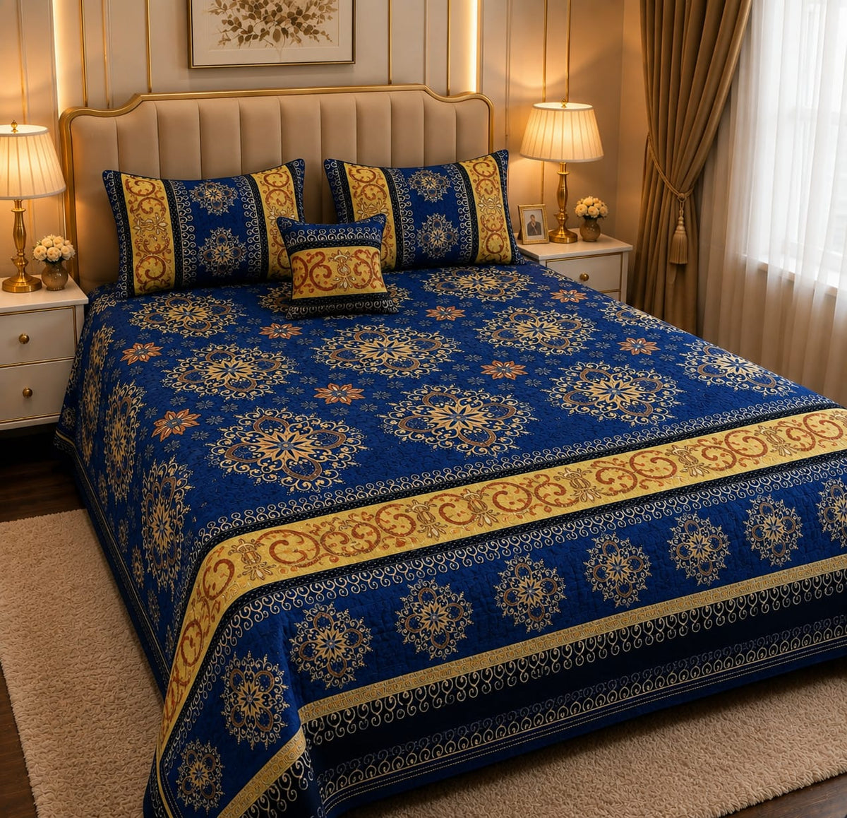 4 Pc Velvet Jacquard Bedsheet King Size | Luxury Printed Bed Sheet Set with 2 Pillow Covers & Cushion Cover | Blue & Gold