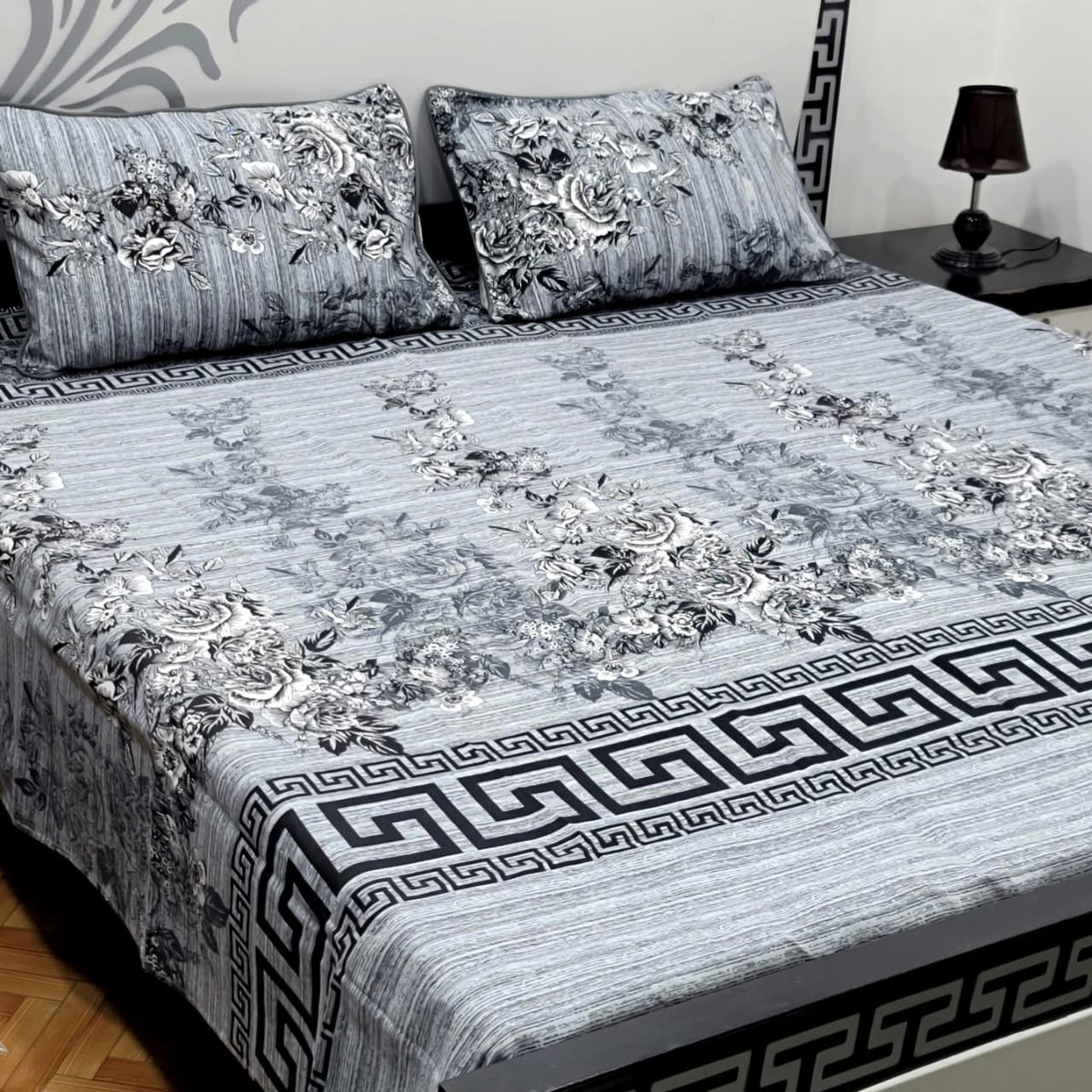 3 PC Cristal Cotton Bedsheet Set – King Size Printed Bedsheet with 2 Pillow Covers