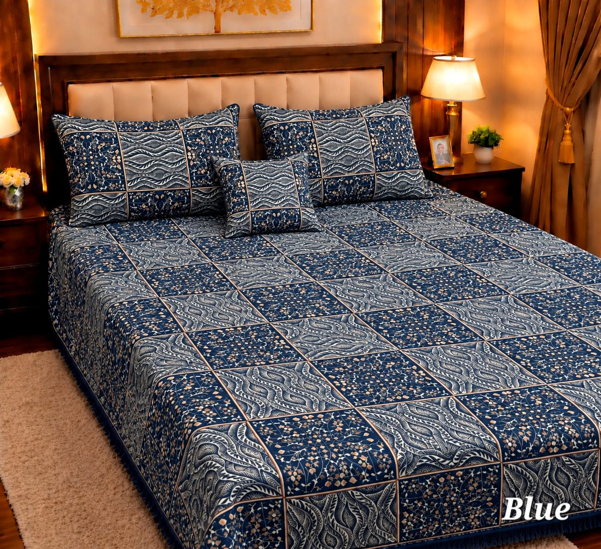 4 Pc Velvet Jacquard Bedsheet King Size | Luxury Printed Bed Sheet Set with 2 Pillow Covers & Cushion Cover | Blue