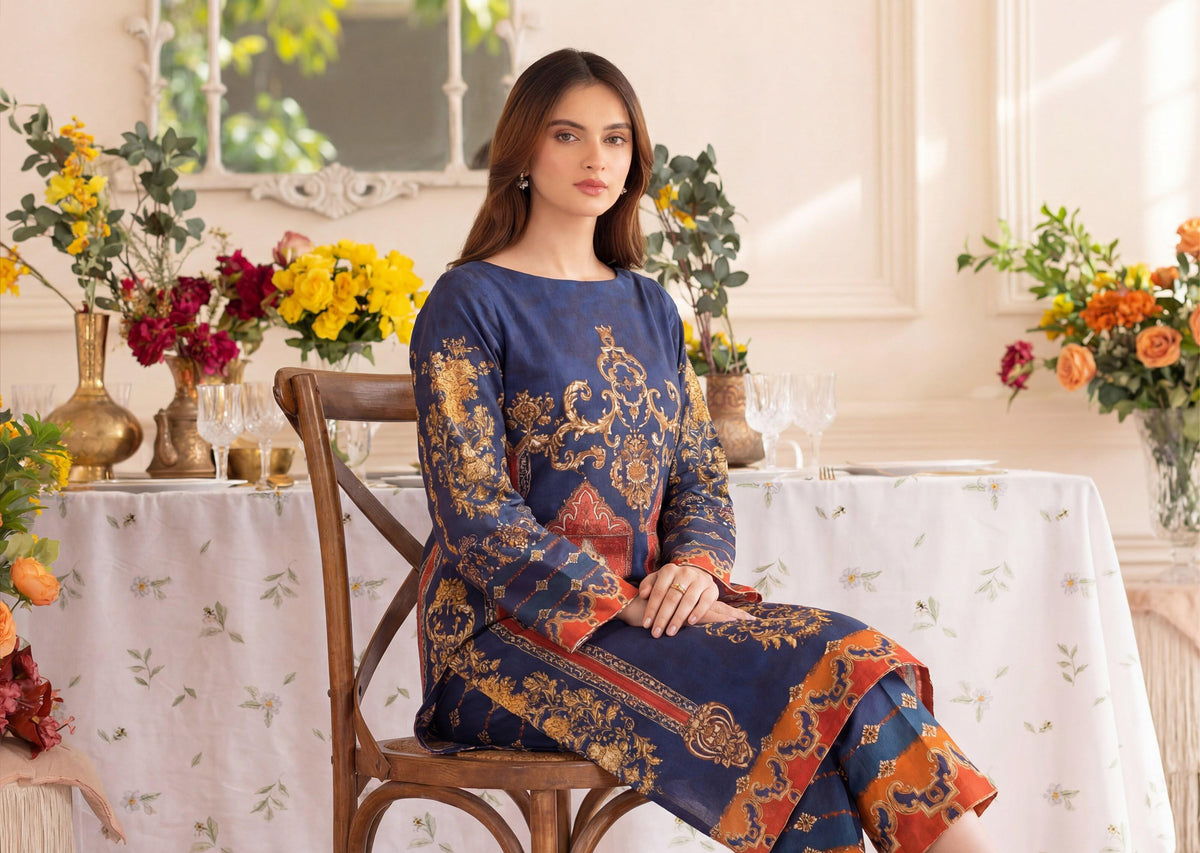 Deep Indigo & Rust Ensemble 2 Pcs DIGITAL PRINTED