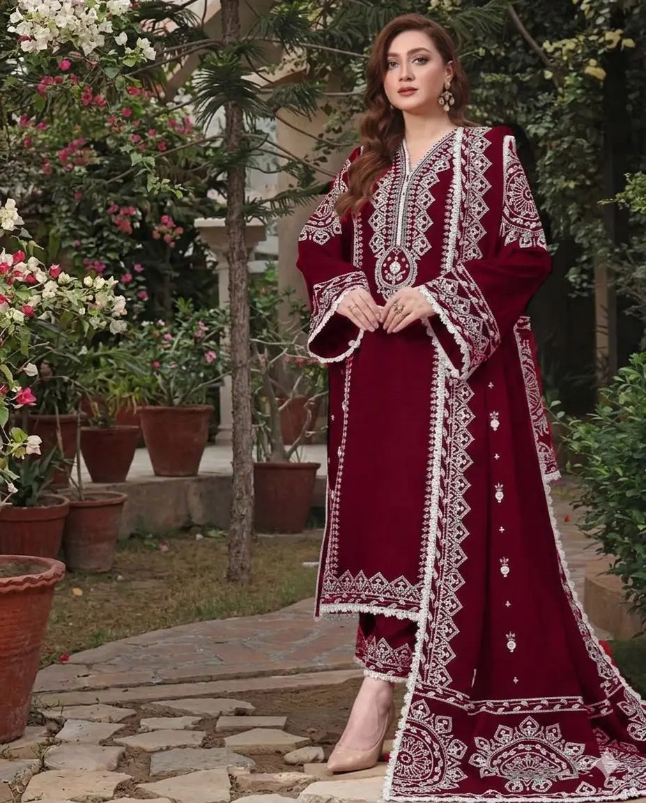 Aneela’s Luxury Dhanak Embroidered 3-Piece Winter Suit | Wool Shawl & Dyed Trouser