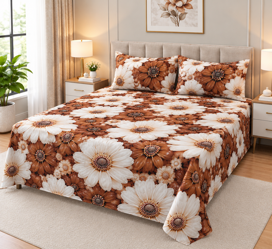 9D Digital Printed Bedsheet | Micro Cotton Floral Brown & White