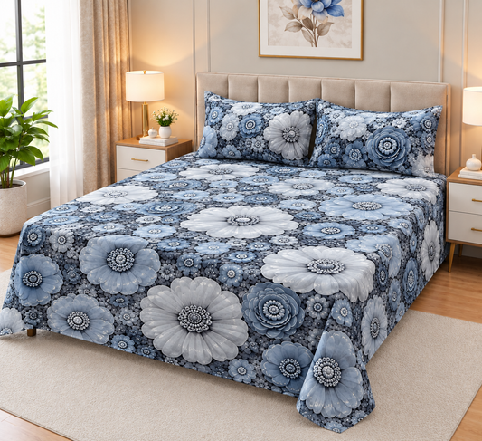 9D Digital Printed Bedsheet | Micro Cotton Floral Duck Blue and Grey