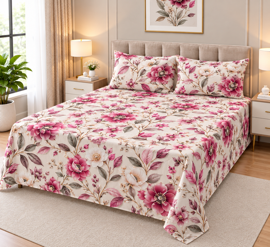9D Digital Printed Bedsheet | Micro Cotton Floral Pink & Cream
