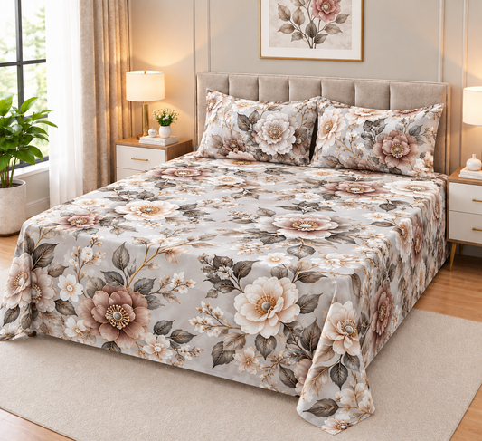9D Digital Printed Bedsheet | Micro Cotton Floral Cream Grey & Brown