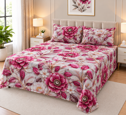 9D Digital Printed Bedsheet | Micro Cotton Floral Pink
