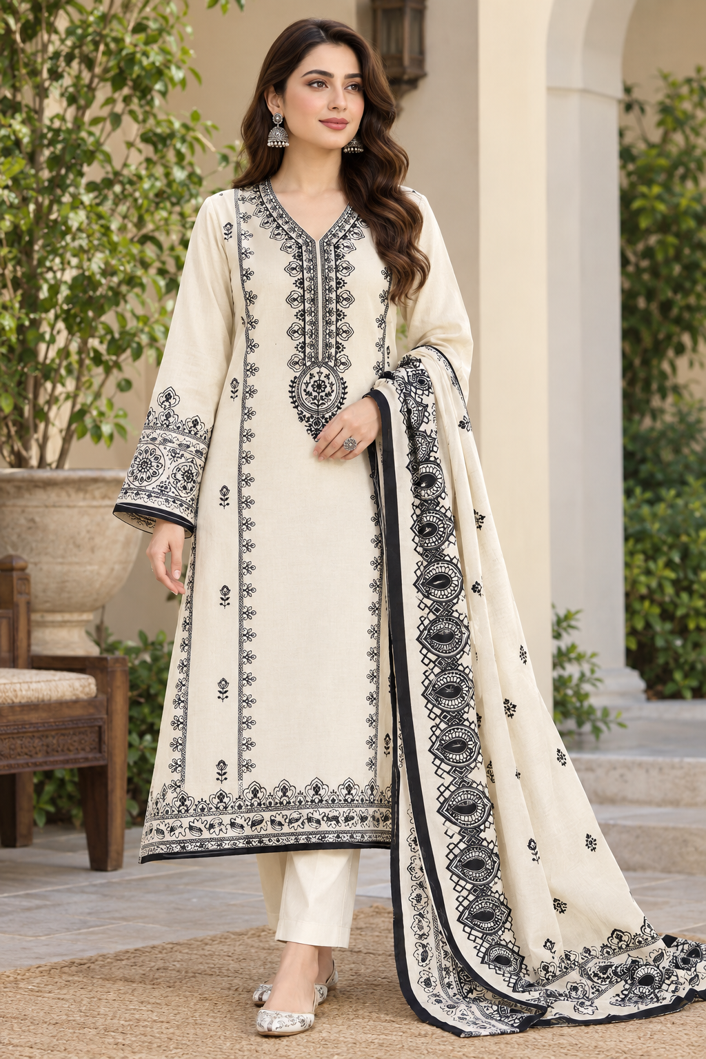 Aneela’s Luxury Dhanak Embroidered 3-Piece Winter Suit | Wool Shawl & Dyed Trouser