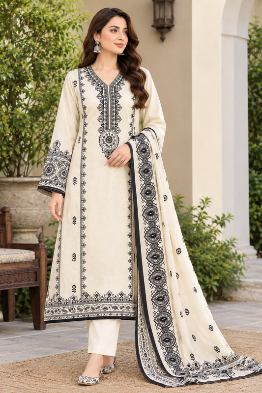 Aneela’s Luxury Dhanak Embroidered 3-Piece Winter Suit | Wool Shawl & Dyed Trouser