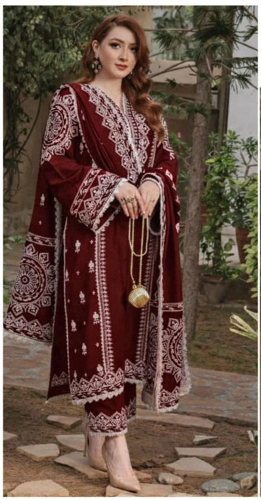 Aneela’s Luxury Dhanak Embroidered 3-Piece Winter Suit | Wool Shawl & Dyed Trouser