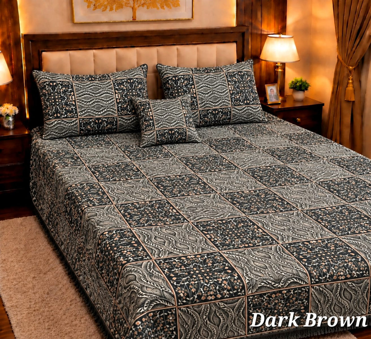 4 Pc Velvet Jacquard Bedsheet King Size | Luxury Printed Bed Sheet Set with 2 Pillow Covers & Cushion Cover | Dark Brown