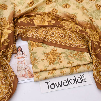 2026 Tawakkal Lawn Collection 3pcs Suit (Mustard Brown)