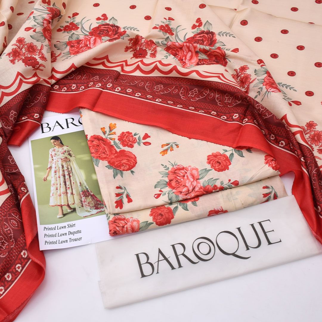 2026 Baroque Lawn Collection 3pcs Suit (Cream and Maroon )