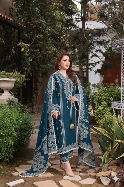 Aneela’s Luxury Dhanak Embroidered 3-Piece Winter Suit | Wool Shawl & Dyed Trouser