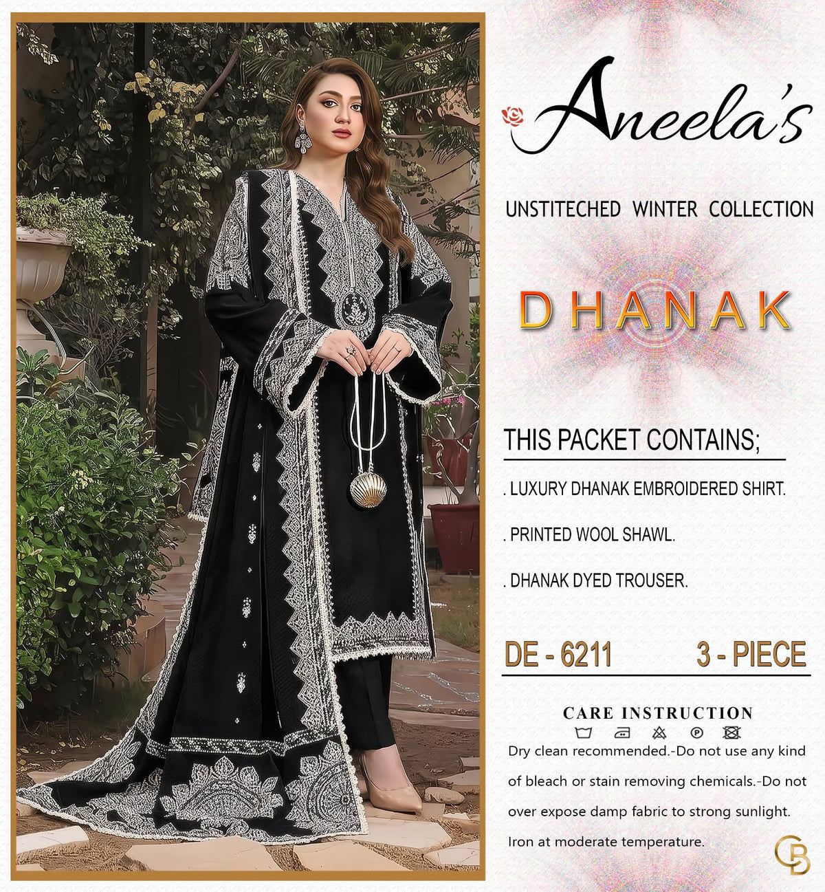 Aneela’s Luxury Dhanak Embroidered 3-Piece Winter Suit | Wool Shawl & Dyed Trouser