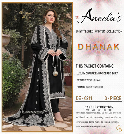 Aneela’s Luxury Dhanak Embroidered 3-Piece Winter Suit | Wool Shawl & Dyed Trouser