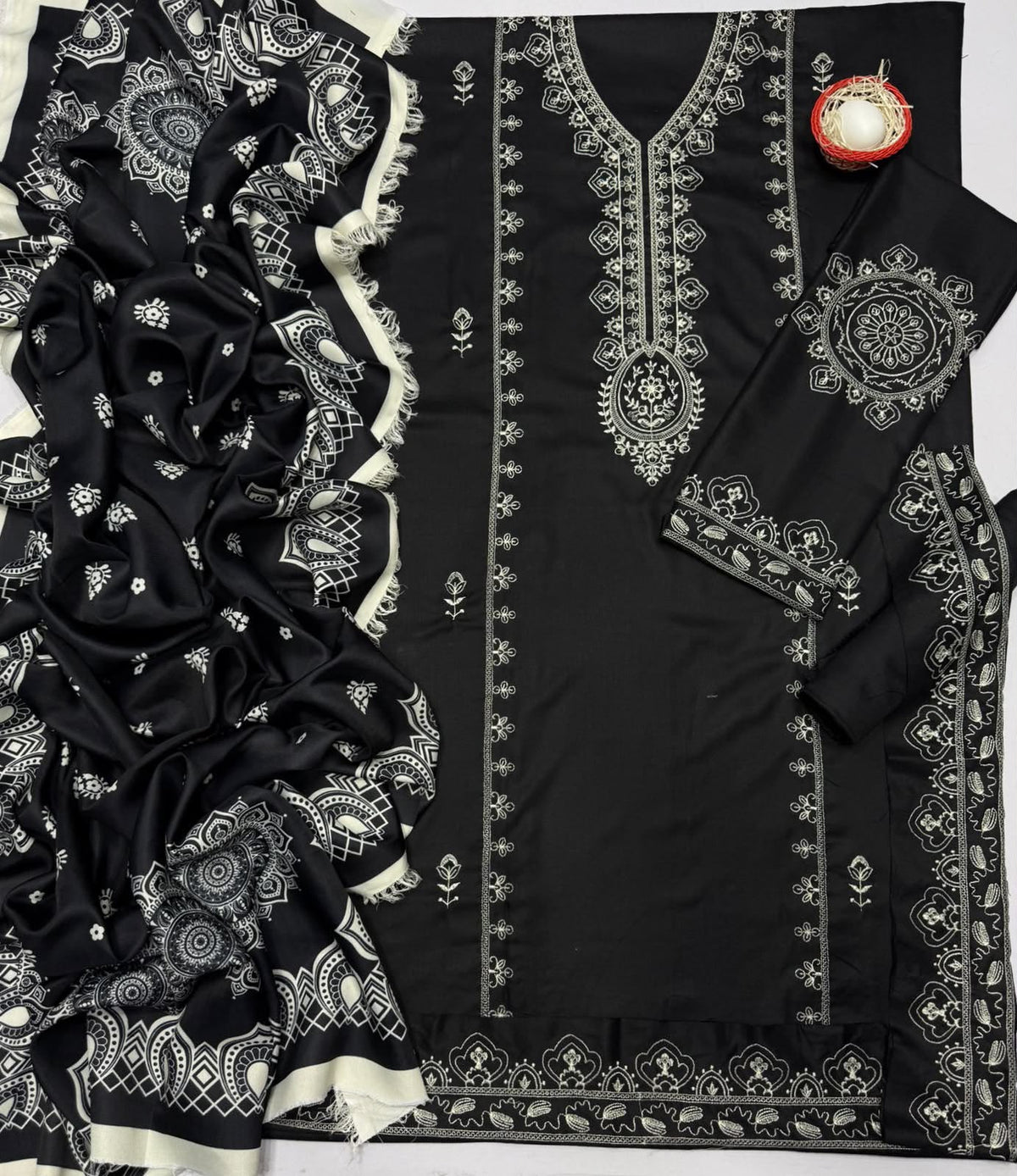 Aneela’s Luxury Dhanak Embroidered 3-Piece Winter Suit | Wool Shawl & Dyed Trouser
