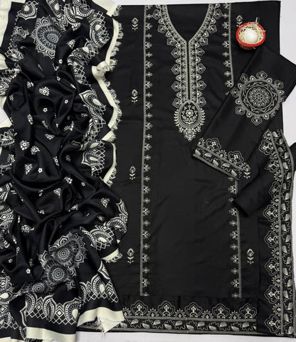 Aneela’s Luxury Dhanak Embroidered 3-Piece Winter Suit | Wool Shawl & Dyed Trouser