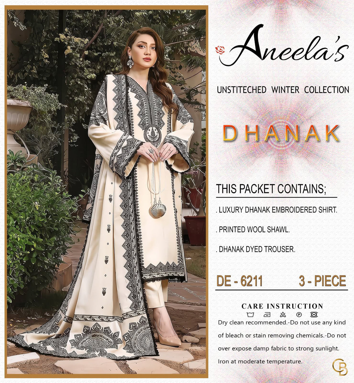 Aneela’s Luxury Dhanak Embroidered 3-Piece Winter Suit | Wool Shawl & Dyed Trouser