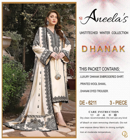 Aneela’s Luxury Dhanak Embroidered 3-Piece Winter Suit | Wool Shawl & Dyed Trouser