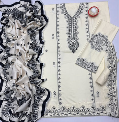 Aneela’s Luxury Dhanak Embroidered 3-Piece Winter Suit | Wool Shawl & Dyed Trouser