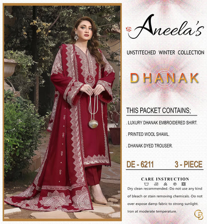 Aneela’s Luxury Dhanak Embroidered 3-Piece Winter Suit | Wool Shawl & Dyed Trouser