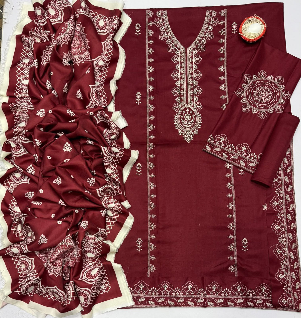 Aneela’s Luxury Dhanak Embroidered 3-Piece Winter Suit | Wool Shawl & Dyed Trouser