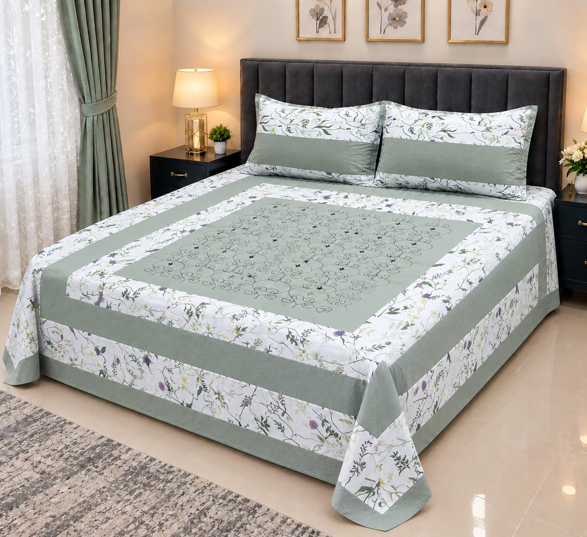 Embroidered Patch Work King Size Bedsheet | Premium Cotton
