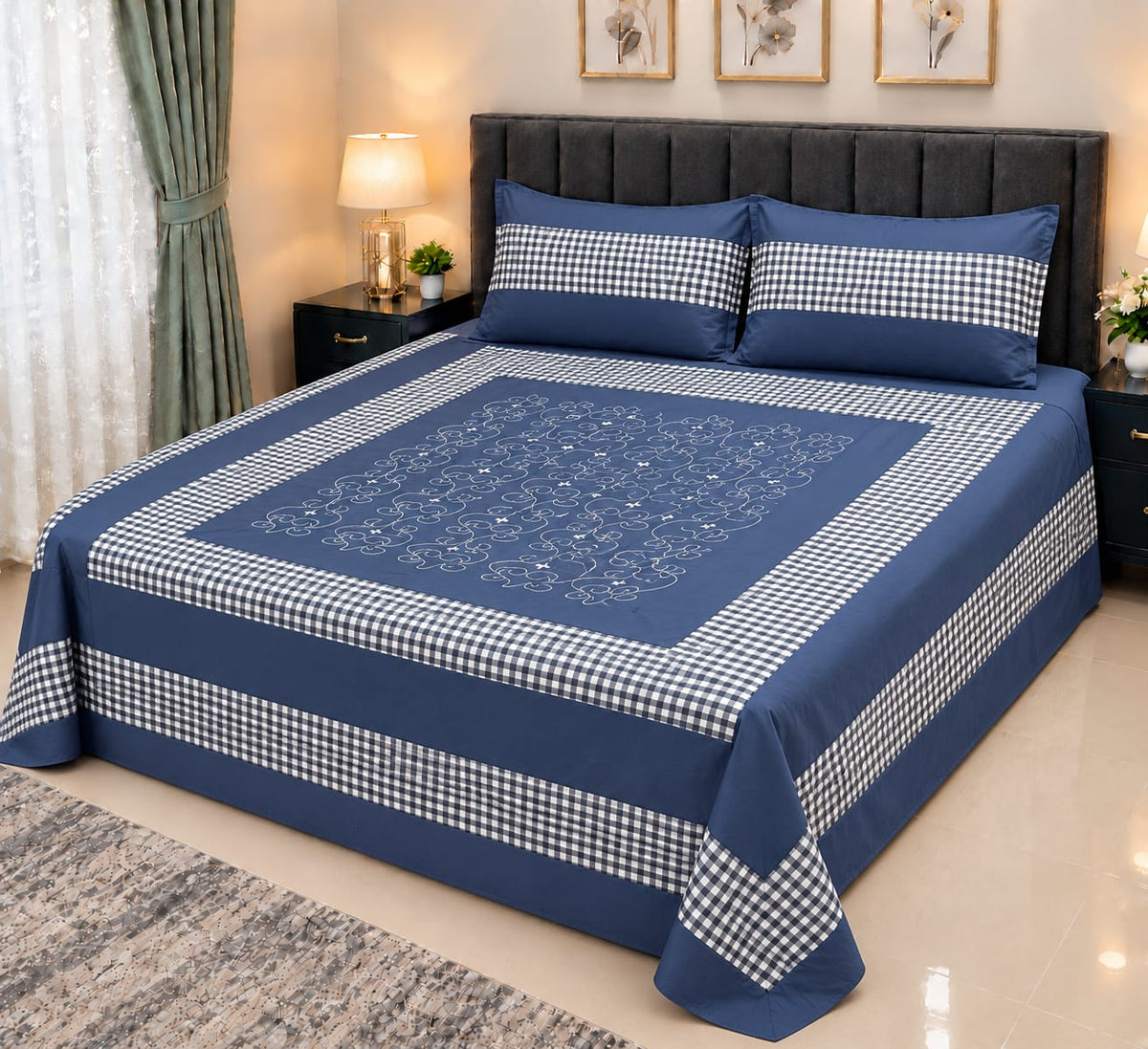 Embroidered Patch Work King Size Bedsheet | Premium Cotton