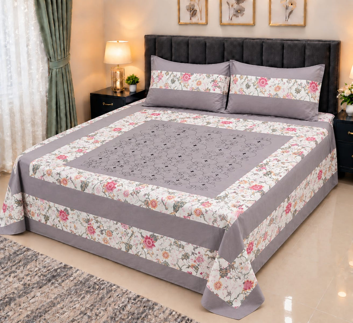 Embroidered Patch Work King Size Bedsheet | Premium Cotton