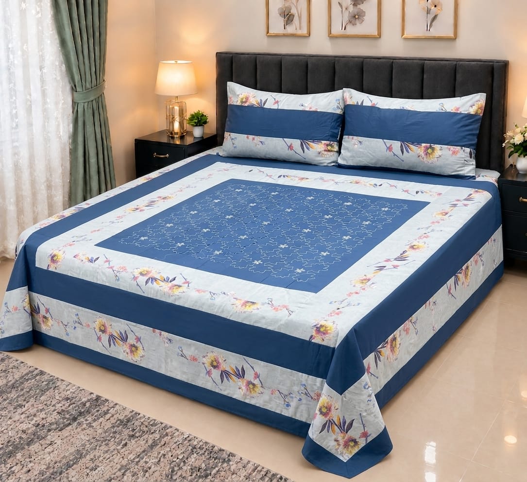 Embroidered Patch Work King Size Bedsheet | Premium Cotton