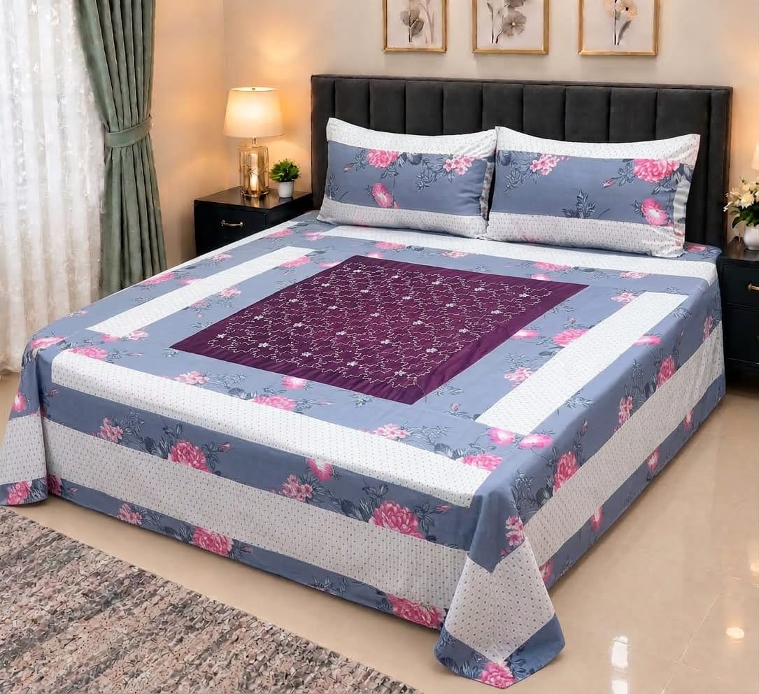 Embroidered Patch Work King Size Bedsheet | Premium Cotton