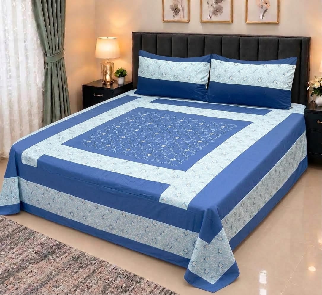 Embroidered Patch Work King Size Bedsheet | Premium Cotton